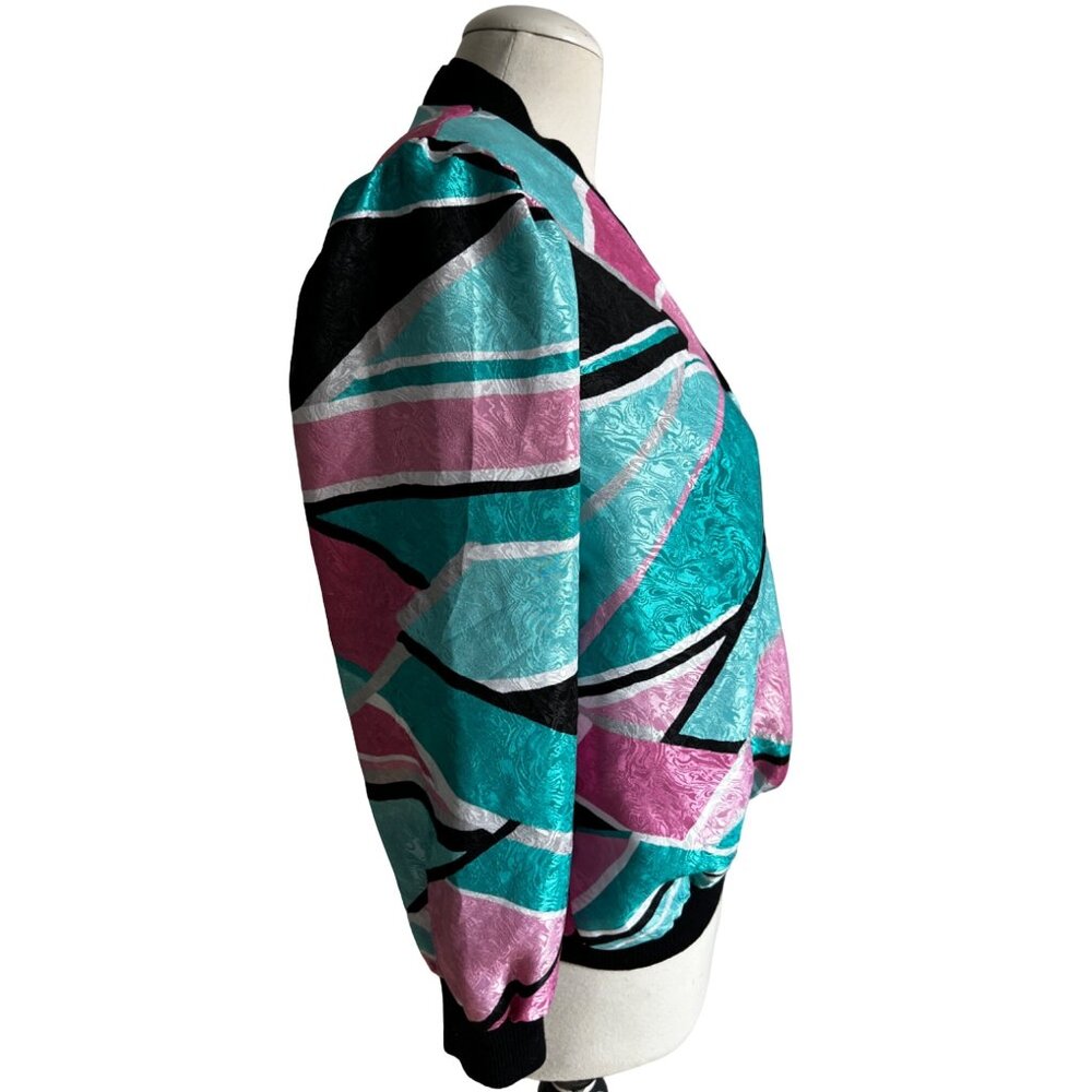 Vintage Anastasia Silky Bright VNeck Blouse Sz Medium Petite Colorful Pink & Bla - Picture 10 of 14